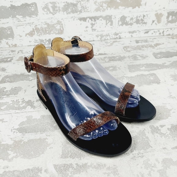 New L'agence Brown Snakeskin Ankle Strap Leather Flat Sandals H 573 - Picture 4 of 11